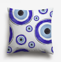 Multi Evil Eye Watercolor Pillow (Blue & White)