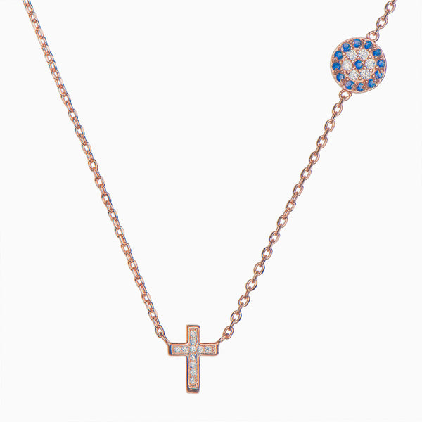 Mocha Tiny Shiny Cross Necklace W/ Evil Eye Gold | MYER
